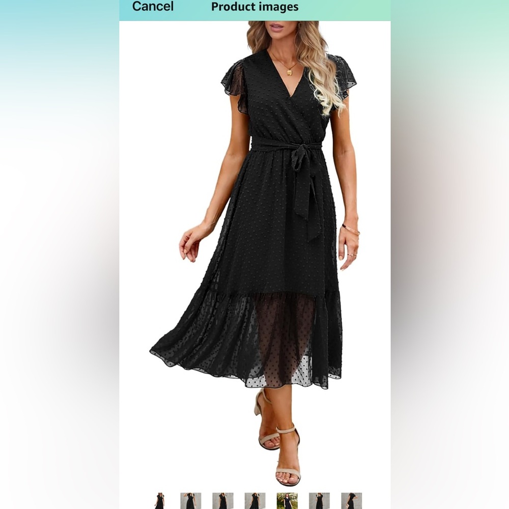Casual Wrap V Neck Ruffle Cap Sleeveless Belt A-Line Pleated Hem Midi Large